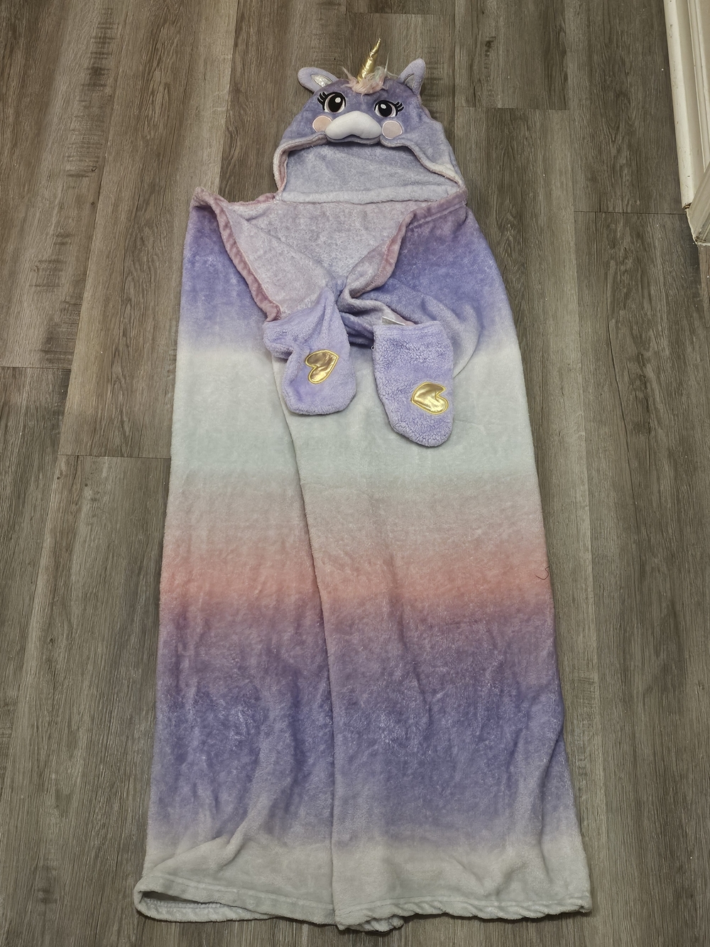 Unicorn Hooded Kids Blanket with Mittens - Pastel Ombre